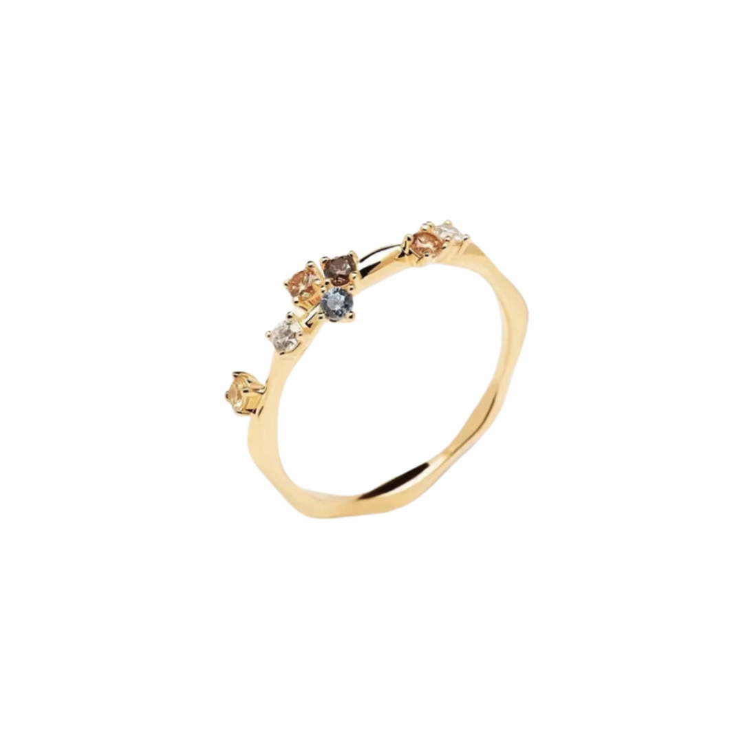 Anillo fino de plata bañado en oro con piedras de colores