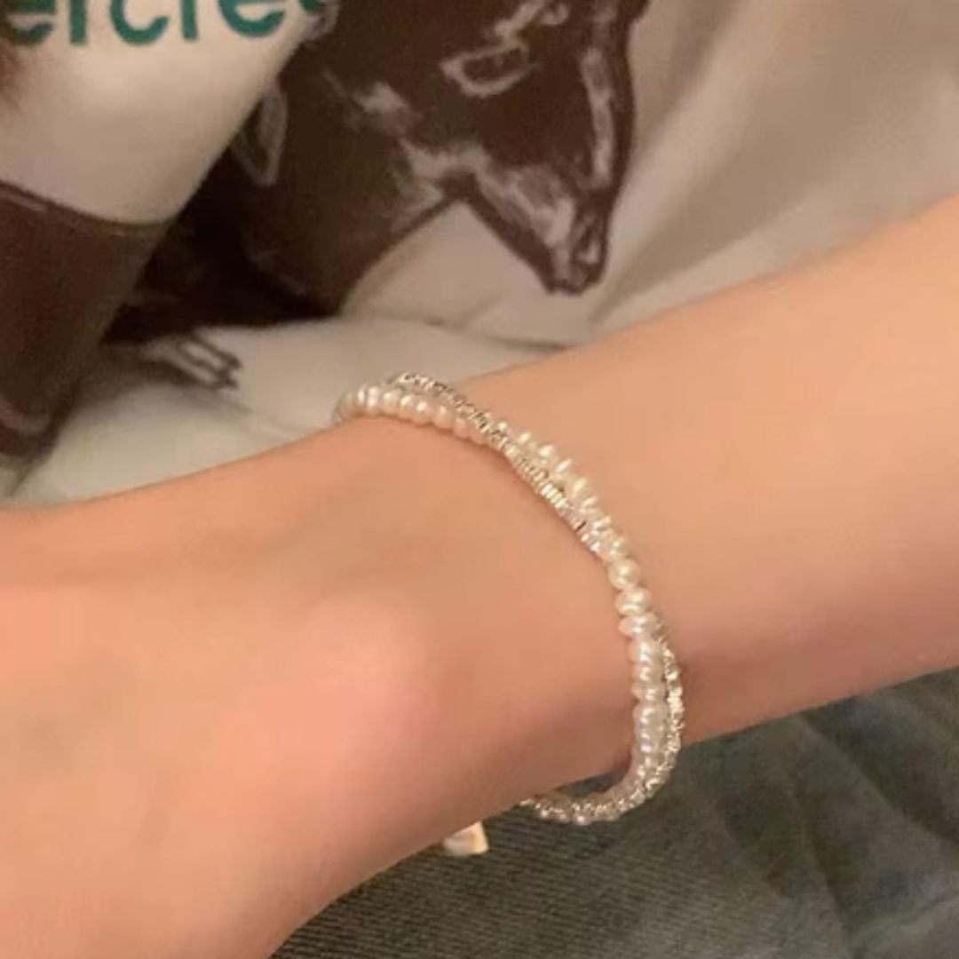 Pulsera doble de plata con perlas